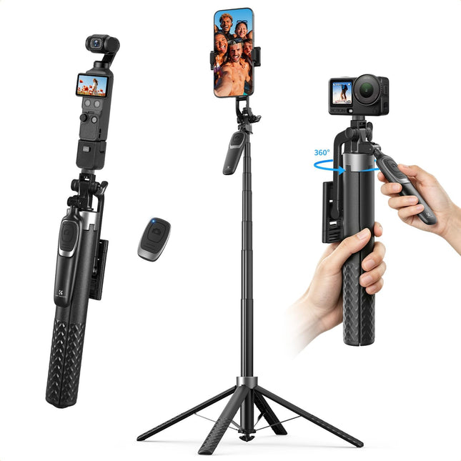 K&F CONCEPT 71" Tripod Compatible with Iphone/Pocket 4/3/Insta360 Luna Ultra, Auto Open Phone Tripod with 4 Legs & Stabilizing Handle, 360° Rotation Selfie Stick with Wireless Remote Control