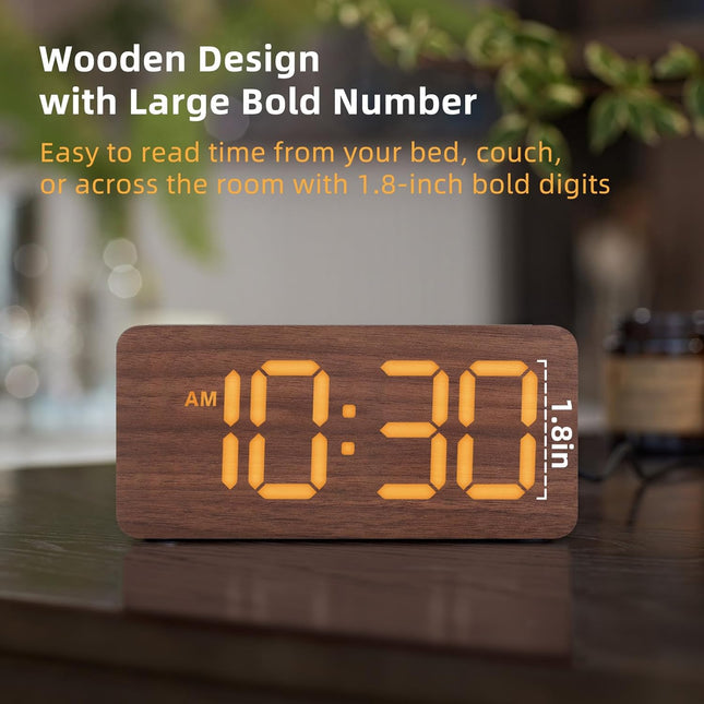 Wooden Digital Alarm Clocks for Bedrooms: Dimmable Dual Alarm Clock with Large Numbers for Bedside Desk - Loud Alarm for Heavy Sleepers with Volume Control - Wood Decor & Gifts
