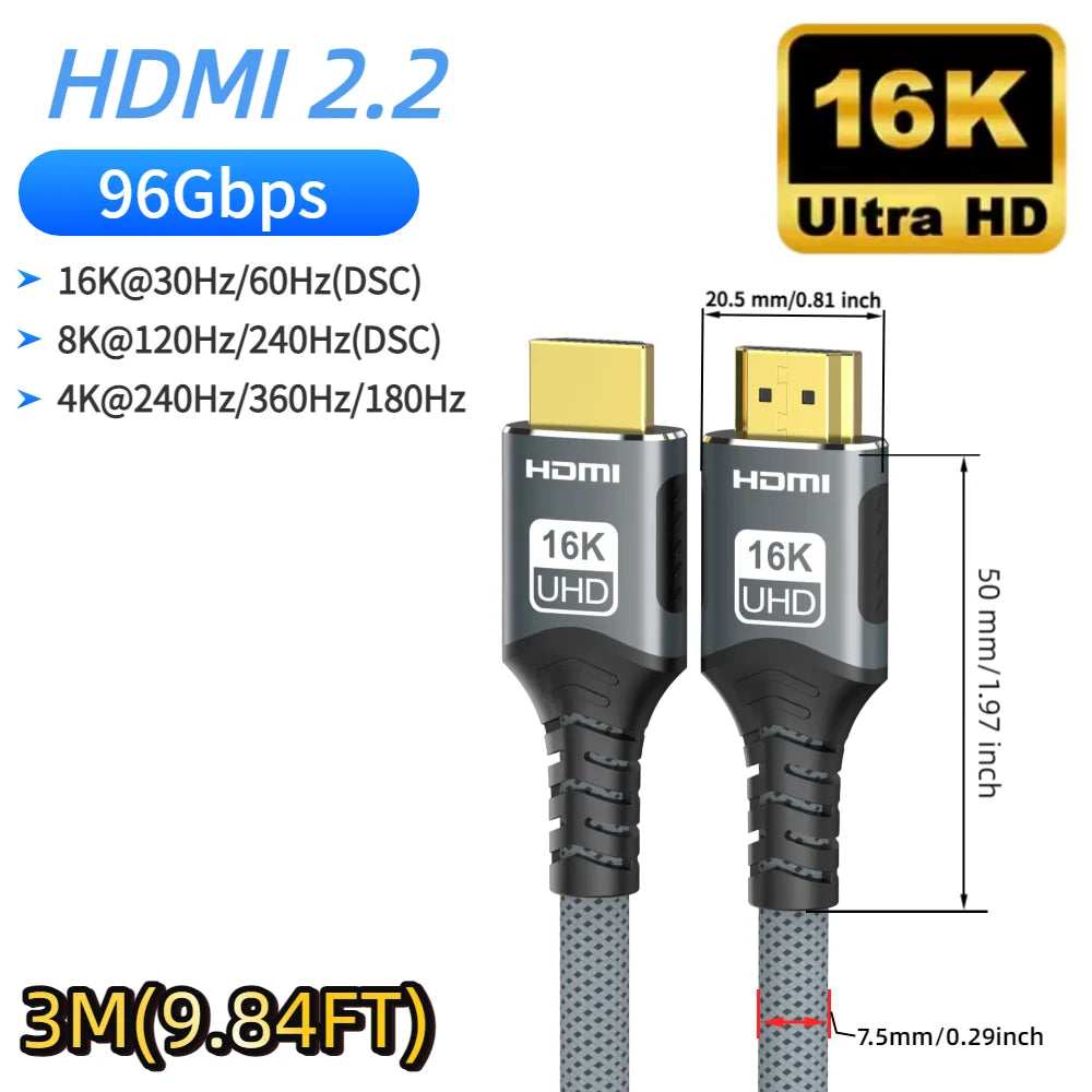 16K HDMI 2.2 Cable 96Gbps Supports 8K@120Hz 4K@240Hz 2K@360H HDR Earc Compatible with Roku TV HDTV PS5