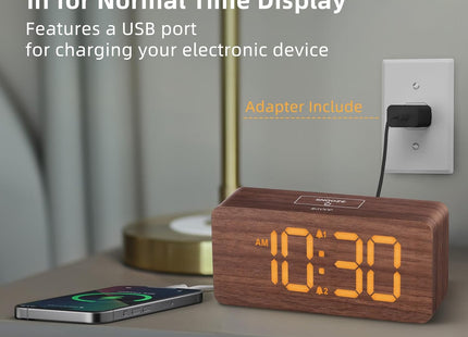 Wooden Digital Alarm Clocks for Bedrooms: Dimmable Dual Alarm Clock with Large Numbers for Bedside Desk - Loud Alarm for Heavy Sleepers with Volume Control - Wood Decor & Gifts