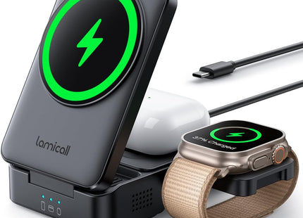 Lamicall 3-In-1 Charging Station for Magsafe - Portable Fast Charging Station Foldable Charging Stand, Travel Wireless Charging Station for Iphone 17/16/15/14/13/12 Pro Max Air, Apple Watch, Mom Gift