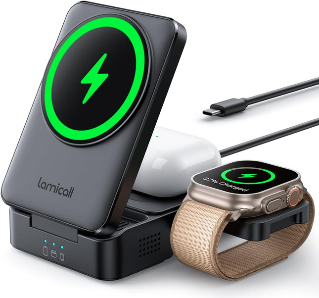 Lamicall 3-In-1 Charging Station for Magsafe - Portable Fast Charging Station Foldable Charging Stand, Travel Wireless Charging Station for Iphone 17/16/15/14/13/12 Pro Max Air, Apple Watch, Mom Gift