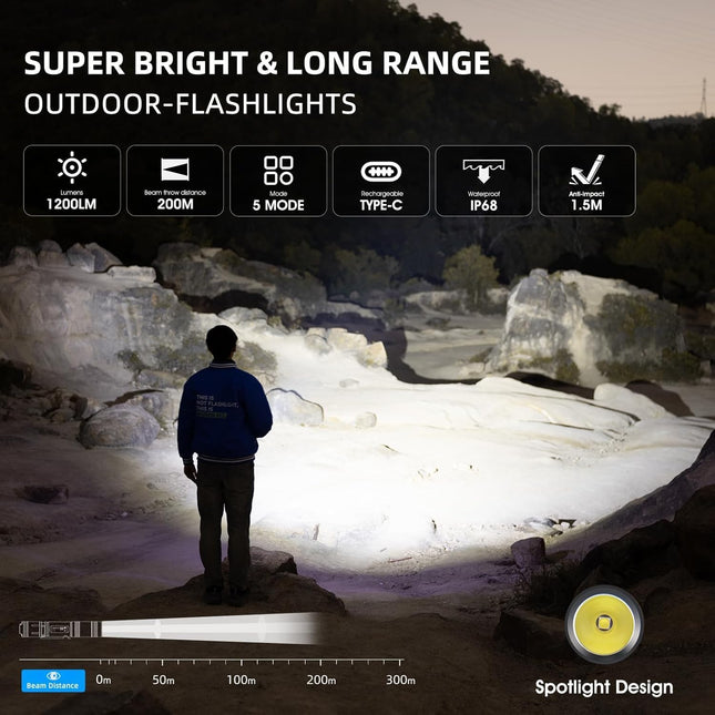 WUBEN L50 Rechargeable Flashlights 1200 High Lumens, LED Tactical Flashlight Super Bright, IP68 Waterproof Flash Light with 5 Modes, Lampe De Poche for Outdoor, Emergency, Camping, Hiking, Home