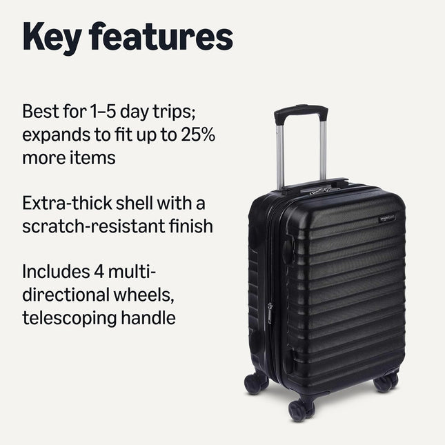 Amazon Basics 21-Inch Hardside Carry-On Luggage, Hardshell Suitcase with Wheels, Expandable for up to 25% More Space, with Scratch-Resistant Surface, Four Multi-Directional Wheels, Black