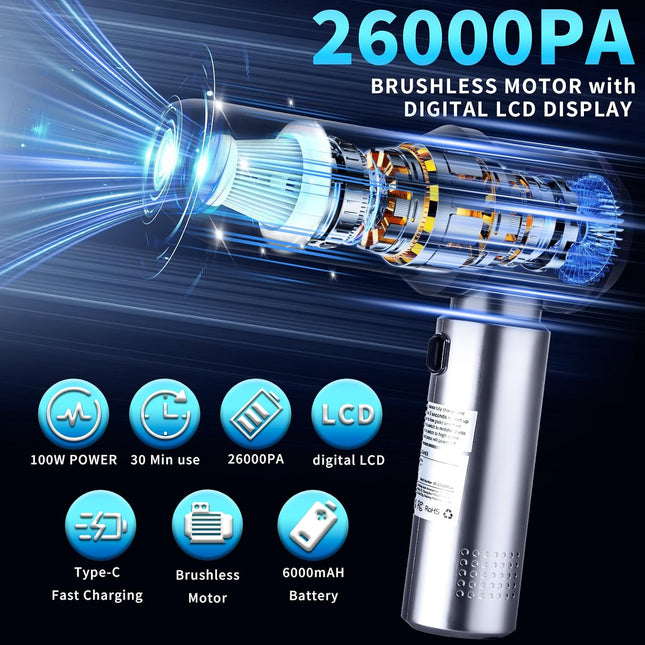 Cordless Car Vacuum Cleaner Handheld Powerful 26000Pa Brushless Motor 7 in 1 High Power Mini Portable Rechargeable Hand Held Air Duster/Blower for Pet Vehicle Home Office