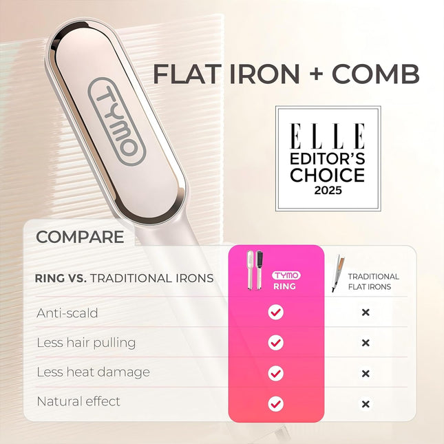 TYMO Hair Straightener Brush, Flat Iron & Comb 2 in 1 for Straightening, Anti-Scald Hot Comb, 5 Temp for All Hair Types, Straightening Brush for Women, Fast Finish with Smooth, Shiny, TYMO RING, Gold