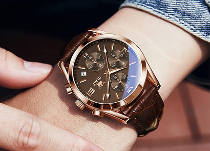 Olevs Watches for Men Analog Leather Band Mens Watches Business Watch for Men Large Face Dress Watch Men Easy Read Wrist Watches for Men with Day Date Luxury Two Tone Arabic Numerals Men Watches