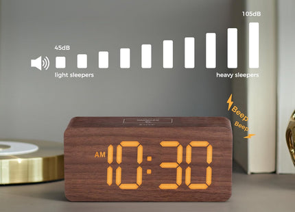 Wooden Digital Alarm Clocks for Bedrooms: Dimmable Dual Alarm Clock with Large Numbers for Bedside Desk - Loud Alarm for Heavy Sleepers with Volume Control - Wood Decor & Gifts