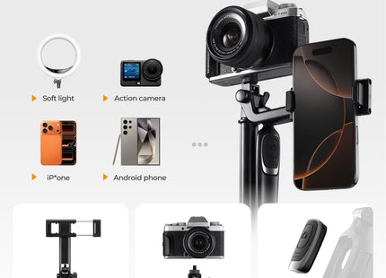 K&F CONCEPT 71" Tripod Compatible with Iphone/Pocket 4/3/Insta360 Luna Ultra, Auto Open Phone Tripod with 4 Legs & Stabilizing Handle, 360° Rotation Selfie Stick with Wireless Remote Control