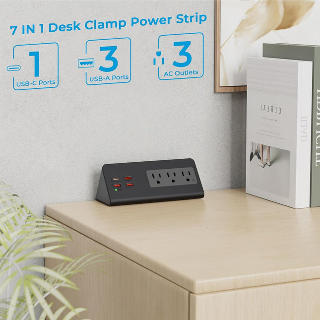 Desk Power Bar with PD 20W USB C, Haiaoyyds Nightstand Charging Station with 3 Outlets, 4 USB Ports, Desk Surge Protector Connect 6.56FT Flat Plug, Desktop Power Supply for Office, Home (Black)