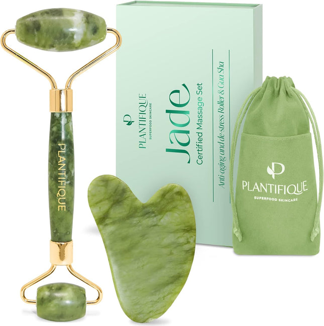 Plantifique Jade Roller and Gua Sha Facial Tool Set - anti Aging Face Roller and Guasha Tool for Face, Eyes, Neck Massager for Tension Relief, Rouleau Visage | Face Roller & Guasha Tool for Face Sculpting, Lymphatic Drainage - Jawline Shaper - Reduce Puffiness & Relieve Tension