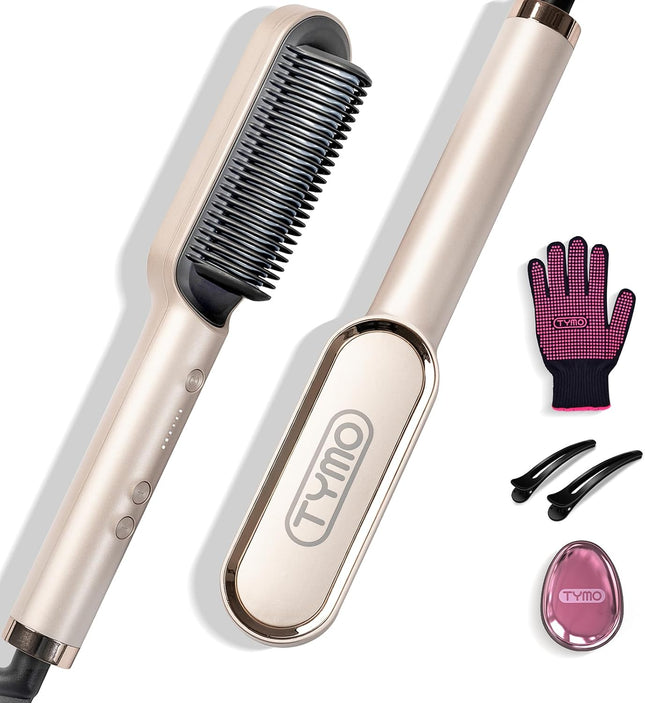 TYMO Hair Straightener Brush, Flat Iron & Comb 2 in 1 for Straightening, Anti-Scald Hot Comb, 5 Temp for All Hair Types, Straightening Brush for Women, Fast Finish with Smooth, Shiny, TYMO RING, Gold